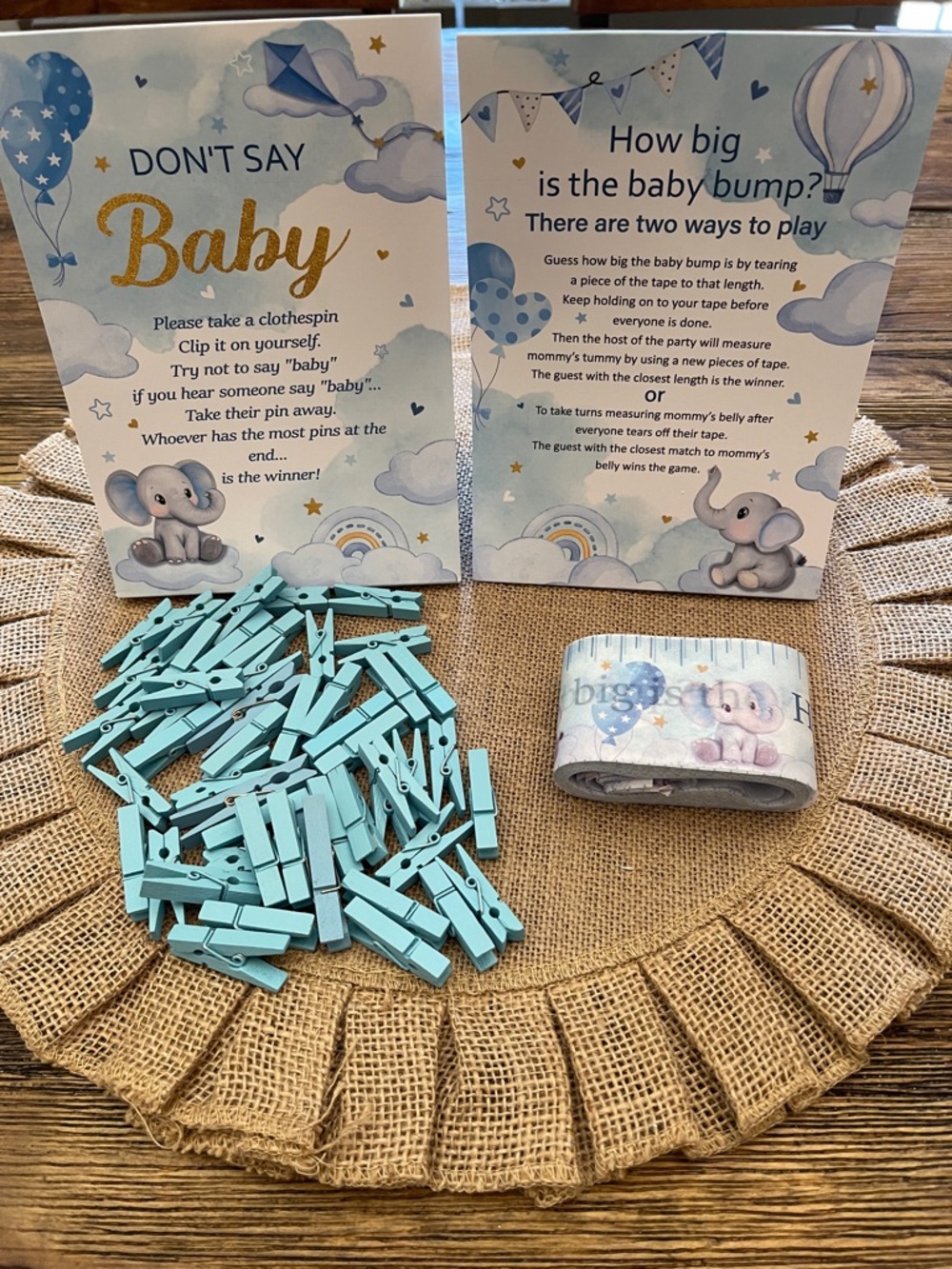 Baby Shower Game Set with Blue Clothespins and Decorative Tape - Baby